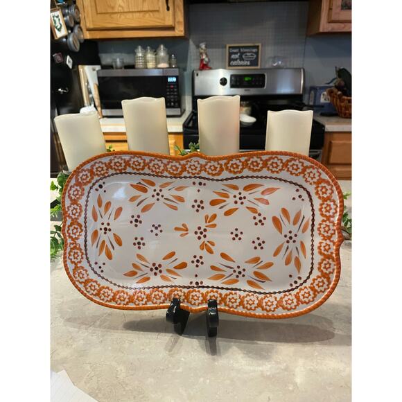 Temptations Serving Appetizer Plate Orange Floral Rectangular Scalloped Edges - Picture 2 of 8
